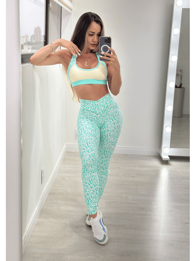 Conjunto Legging Jaspe Logomania Off White e Verde